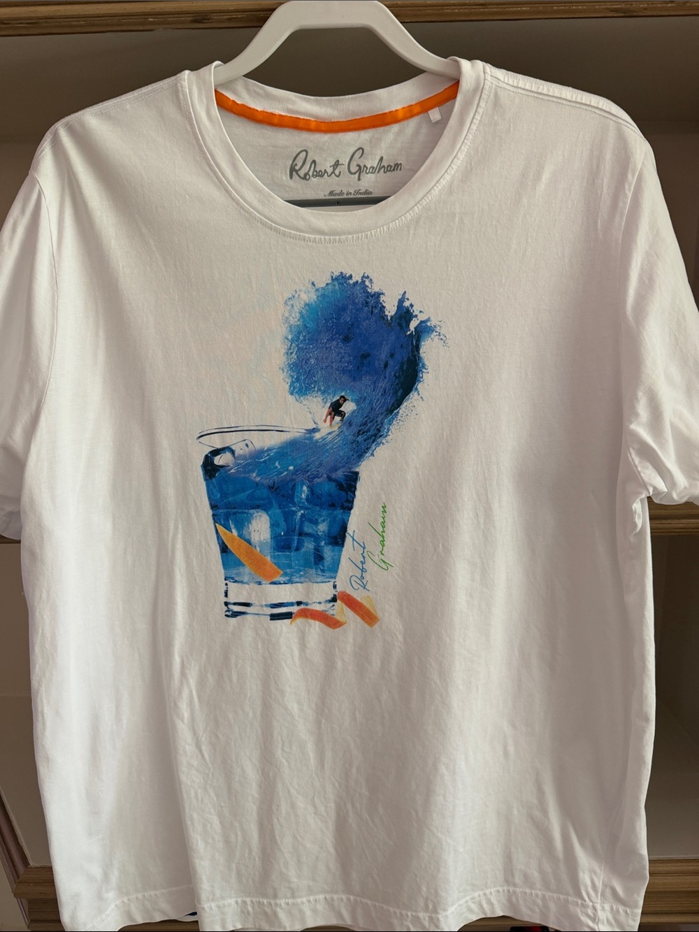 Robert Graham White Tee with Blue Surf Artwork and Orange Trim